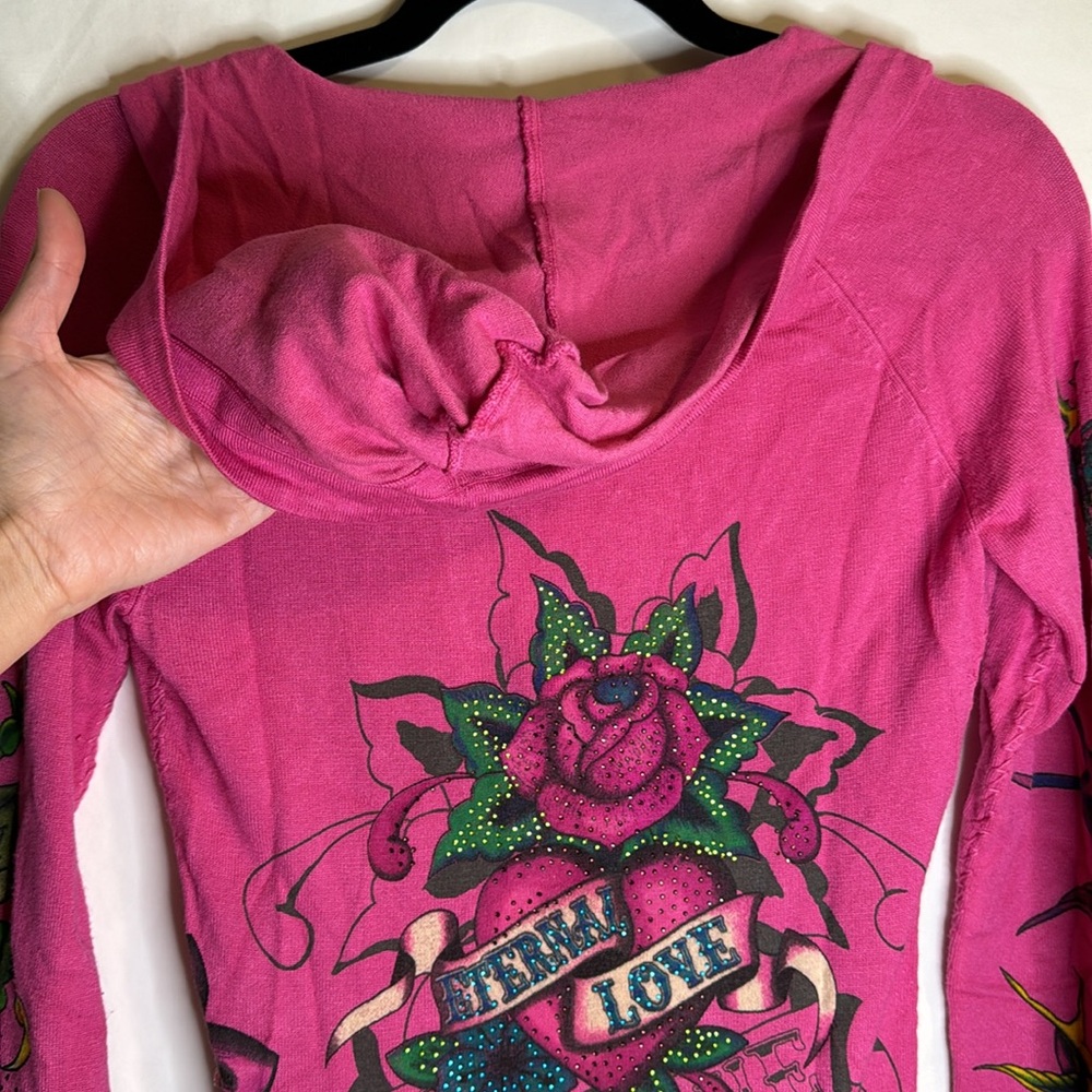 💖Eternal Love by Ed Hardy pink long sleeve hooded knit sweater Sz Small - Picture 8 of 15